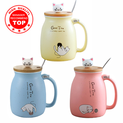 Taza creativa resistente al calor con tapa de gato de color, Taza de cerámica de café para gatito, taza para niños, regalo para beber de oficina, 450ml ► Foto 1/6