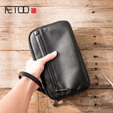 AETOO-Bolso de mano Retro de cuero para hombre, Cartera de mano de cuero suave, estilo clásico, informal, a la moda, para negocios ► Foto 1/6