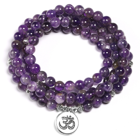 Pulsera de ametistas de Cristal púrpura Natural para mujer, collar de cuentas de 6mm, pulsera de piedra Mala 108, joyería de Lotus Energy ► Foto 1/4