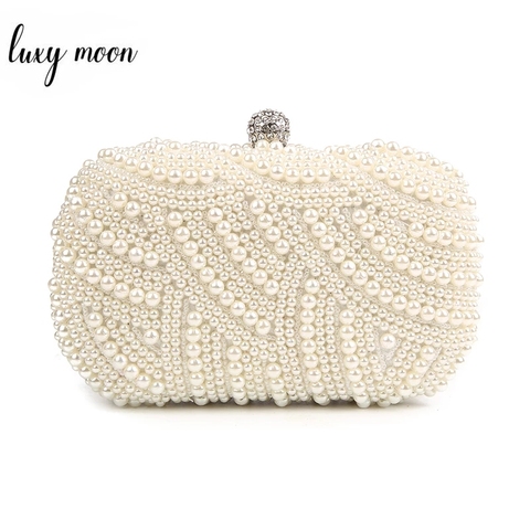 Bolso de mano con perlas para mujer, Bolsa de mano femenina, de noche, para fiesta, boda, de hombro, color blanco ► Foto 1/6