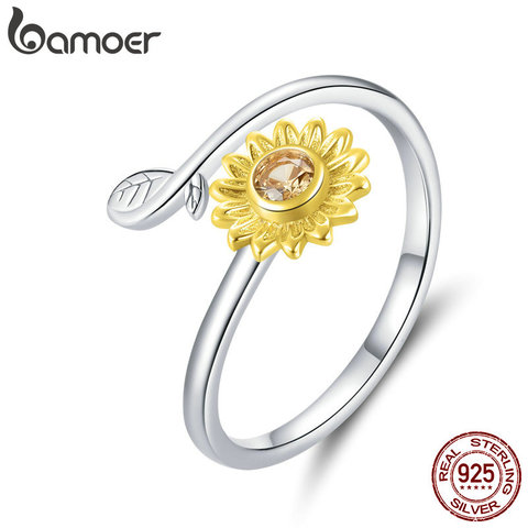 Bamoer-Anillos abiertos para dedos de mujer, de girasol plateado de Ley 925 auténtico, joyas de estilo coreano con margaritas de Color dorado, BSR127 ► Foto 1/6