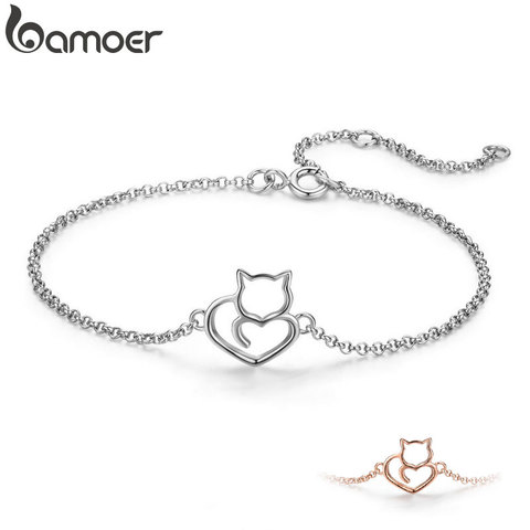 Pulseras de cadena de eslabones BAMOER 100% Plata de Ley 925 con Gato y corazón y brazaletes para mujer, joyería de plata auténtica, regalo SCB102 ► Foto 1/6