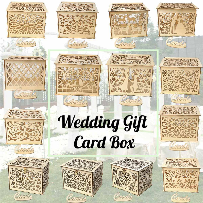 14 tipos de boda caja de tarjeta de regalo de madera caja de dinero con cerradura y llave de boda suministros de Decoración de cumpleaños fiesta ► Foto 1/6