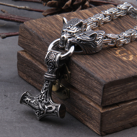 Collar de acero inoxidable con cabeza de Lobo y cadena cuadrada, martillo de thor, mjolnir, Vikingo, con caja de madera, regalo para novio ► Foto 1/6