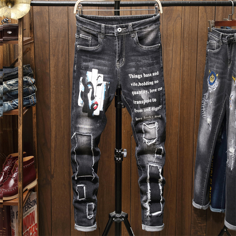 Pantalones Hombre Vaqueros Hombre hombre Jean Homme Denim Pantalones ajustados pantalones negros Biker vaqueros rasgados para hombres Skinny Spijkerbroeken Heren ► Foto 1/6