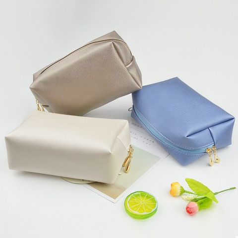 Bolsa de cosméticos con cremallera de cuero para mujer, estuche de belleza de viaje Simple, bolsa de maquillaje de lavado portátil, soporte organizador de maquillaje, envío directo, 1 ud. ► Foto 1/6