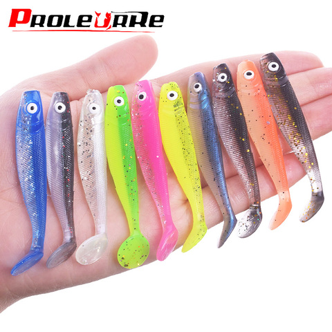 10 Uds suaves señuelos de fácil ojo morado de silicona doble Color cebo Artificial, 6,5 cm 2,1g de Pesca de Mar plantilla aparejos de Wobblers bajo Pike Swimbait ► Foto 1/5