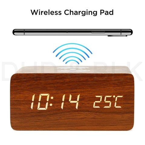 Despertador eléctrico LED con cargador inalámbrico de teléfono, reloj con termómetro digital, creativo, de madera, con carga inalámbrica Qi ► Foto 1/6