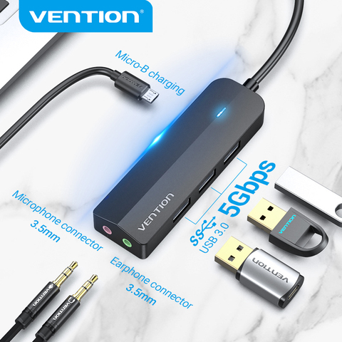 Vention-tarjeta de sonido USB 3,0 Hub, 3 puertos, 2 en 1, Adaptador de Audio estéreo externa de 3,5mm con micrófono para auriculares, tarjeta de sonido USB ► Foto 1/6