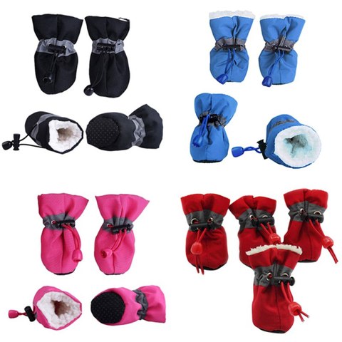 4 unidades/juego de zapatos para perros impermeables, botas de nieve antideslizantes para lluvia, calzado grueso cálido para gatos pequeños, calcetines para perros y cachorros ► Foto 1/6