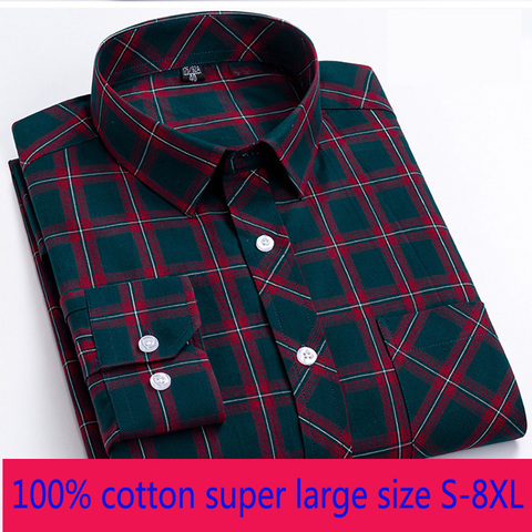 Camisa de manga larga para hombre, camisa de tela escocesa de puro algodón, informal, fina, suelta, de talla grande 100%, 7xl, 8xl, S-5xl6xl ► Foto 1/5