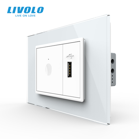 Livolo-Interruptor táctil de pared C9 con enchufe USB, pulsador estándar US AU de 67,5mm, 2 vías, de cristal blanco ► Foto 1/6