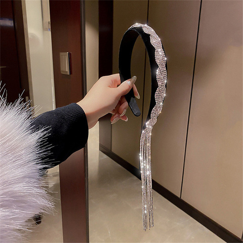 FYUAN corea del estilo borla largo asimetría de diamantes de imitación diadema para las mujeres negro de terciopelo de horquilla accesorios para el cabello de boda de joyería ► Foto 1/6