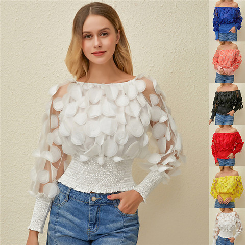 Tops y blusas para mujer con hombros descubiertos, blusas sexys de malla transparente con mangas abullonadas, blusas blancas Vintage con flores 3D para mujer 2022 ► Foto 1/6