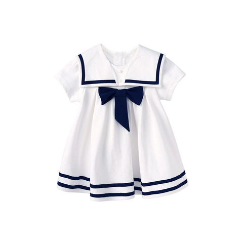 Pureborn-vestido de Sailor con lazo y cuello de Sailor para bebé, ropa transpirable de algodón para playa y vacaciones ► Foto 1/6