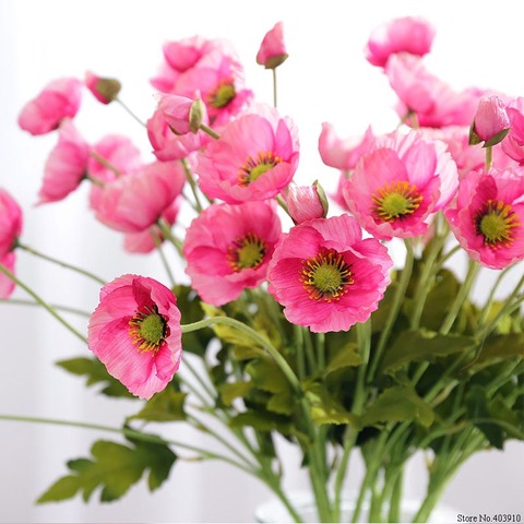 Flores de amapola artificiales con hojas, 4 cabezas/ramas, artificiales para decoración de fiesta en casa, amapolas de flores ► Foto 1/6