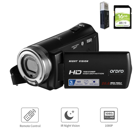 Videocámaras Ordro HDV-V12 videocámara Digital cámara de vídeo full hd 1080p cámara de visión nocturna infrarroja con tarjeta de memoria SD de 16gb ► Foto 1/6