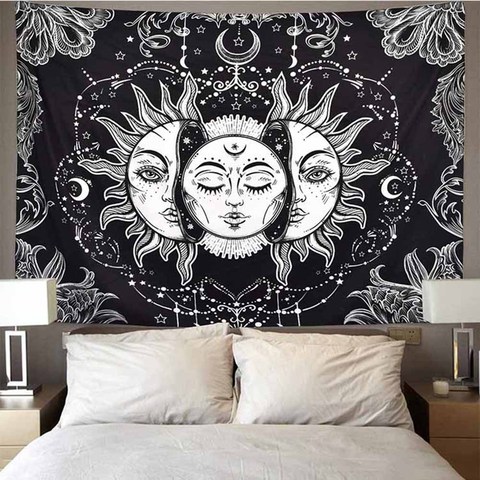 Tapiz de Mandala para colgar en la pared tapiz de sol y luna en blanco y negro, tapices de chismes, alfombras de pared Hippie, manta de decoración para dormitorio, 95x73cm ► Foto 1/6
