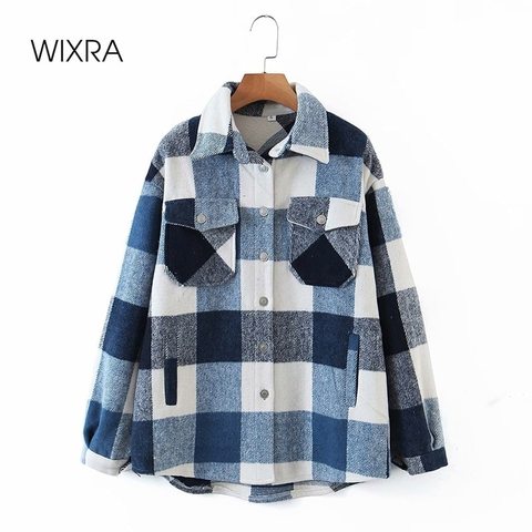 Wixra-Chaqueta de camisa a cuadros para mujer, abrigo grueso con Bolsillos y cuello vuelto, prendas de vestir exteriores de talla grande ► Foto 1/6