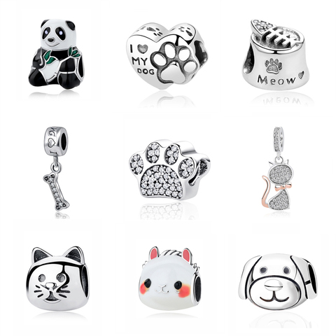 Cuentas de Charm de Plata de Ley 925 originales para mujer, abalorios con estampado de mascotas de amor, pezuña de gato y perro, dije de Panda, dijes aptos para pulseras Pandora, joyería DIY para mujer ► Foto 1/6