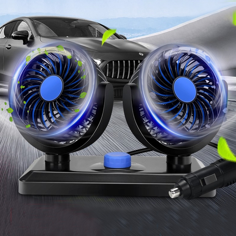 Ventilador doble para coche, accesorio molinete oscilante para interior del auto 360°, voltaje 12/24V ► Foto 1/6