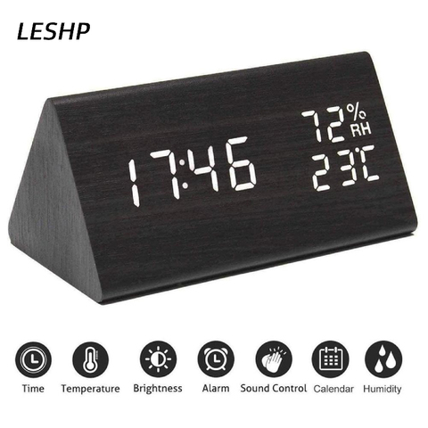 Reloj despertador Digital LED de madera Rectangular, dispositivo electrónico luminoso de humedad y temperatura, con calendario perpetuo, para decoración de dormitorio ► Foto 1/6