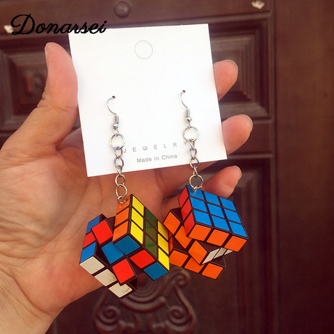 Donarsei-pendientes de resina 3D con forma de cubo para mujer, aretes largos, coloridos, formas geométricas ► Foto 1/6