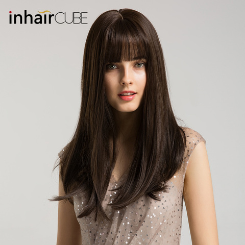 Inhaircube-pelo sintético liso y largo, cabello marrón oscuro para fiesta, cuero cabelludo Real Diario con flequillo, 20 