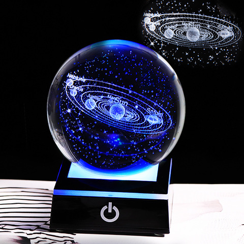 Sistema Solar de cristal K9 de 80mm, globo terráqueo 3D, Bola de Sistema Solar grabada con láser, con Interruptor táctil, Base de Luz LED, modelo cósmico ► Foto 1/6