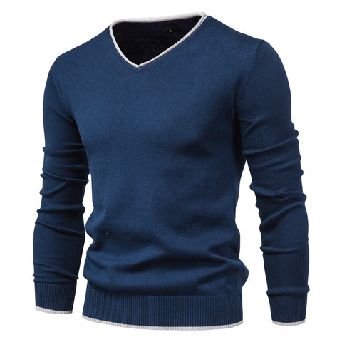 Jersey de algodón con cuello en V para hombre, jersey de Color liso a la moda, suéteres ajustados de invierno de alta calidad, tejido azul marino, novedad de 2022 ► Foto 1/6