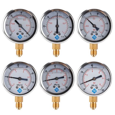 Medidor de vacío de presión compuesto inferior, BSP 1/4, llenado de glicerina de 68mm -1/+ 10 Bar & -30-150inhg/psi ► Foto 1/6