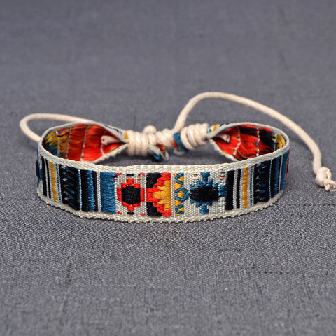 Pulsera de algodón y lino para mujer, brazalete de estilo étnico brillante, Retro, hecho a mano, bordado con cordón, Hippie, de la amistad ► Foto 1/5