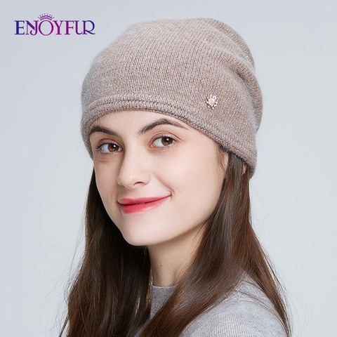 ENJOYFUR-gorros de angora de punto para mujer, gorros de piel de conejo, cálido, doble capa, gorro femenino para otoño ► Foto 1/6