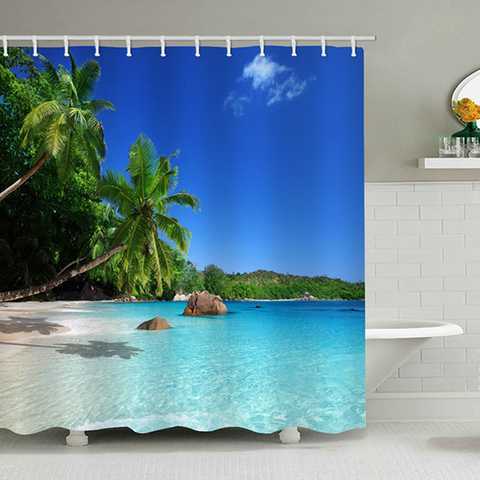 Cortina de Ducha de playa de baño de poliéster impermeable de alta calidad con árbol de coco azul cielo mar cortina de Ducha de playa para decoración del hogar ► Foto 1/6