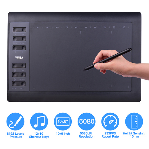 Tableta de dibujo con gráficos profesionales, 10x6 pulgadas, 12 teclas exprés con batería de 8192 niveles, Stylus gratis, compatible con conexión de PC y portátil ► Foto 1/6