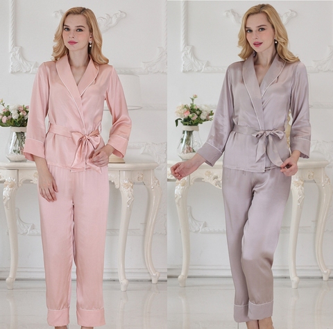 Conjunto de pijama de seda pura para mujer, 100% con pijama con cinturón, camisón M L XL YM008 ► Foto 1/6
