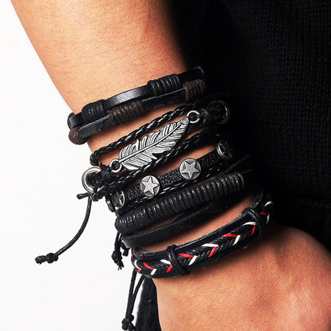 IFMIA-pulsera de cuero Vintage para hombre, brazalete de piel multicapa tejida a mano, con plumas y hojas ► Foto 1/6