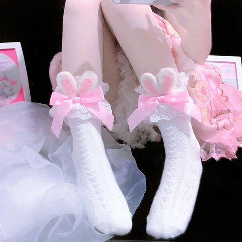 Japonés de moda de invierno Kawaii calcetin de algodón de chica Lolita calcetines de Bowknot de algodón Orejas de conejo JK chica becerro con volantes Lolita Calcetines ► Foto 1/6