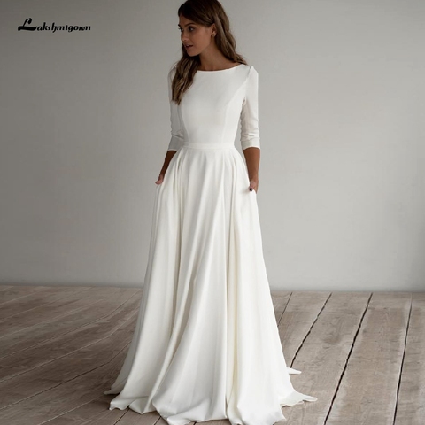 Vestido de novia de satén sencillo corte A, elegante vestido nupcial, manga 2022, para playa, con bolsillos, 3/4 ► Foto 1/5