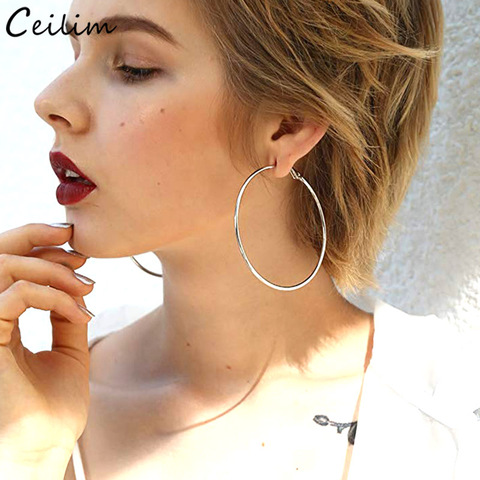 Pendientes de aro de acero inoxidable para mujer, aretes de aro de plata de moda para mujer, aretes de aro redondo de bucle grande, joyería ► Foto 1/6