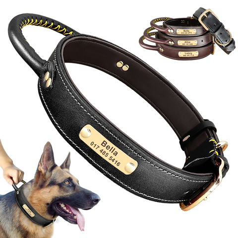 Collar de cuero personalizado para perros medianos y grandes, placa con nombre grabado gratis, con etiqueta de identificación, con mango ► Foto 1/6