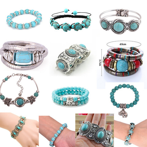 Pulsera envuelta de turquesas para hombre y mujer, brazalete con cuentas de estilo Southwestern, cierre de plata tibetano, regalo para él, joyería Bohemia ► Foto 1/4