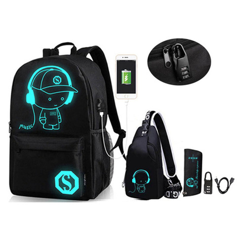 Mochila De la escuela de Oxford luminosa Anime mochila de hombro de menos de 15,6 pulgadas con puerto de carga USB y bolso escolar de bloqueo para niño negro ► Foto 1/6