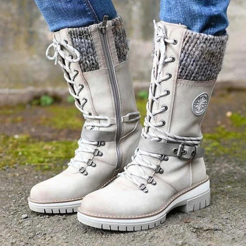 Botas de media pantorrilla de invierno con punta redonda para mujer, botines de nieve de tacón alto cuadrado con cordones, zapatos cálidos, 2022 ► Foto 1/6