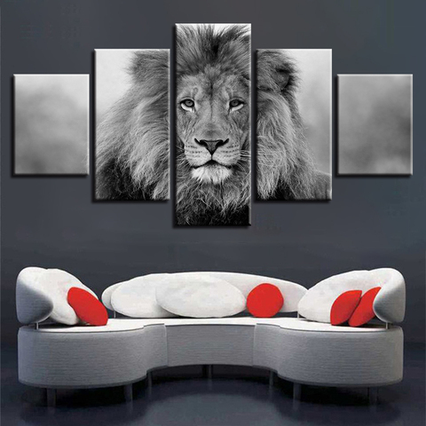 Cuadros de Leones blancos y negros para decoración del hogar, carteles de lienzo en módulos, Arte de la pared Decoración de estar, marco de pinturas con impresión HD, 5 paneles ► Foto 1/1