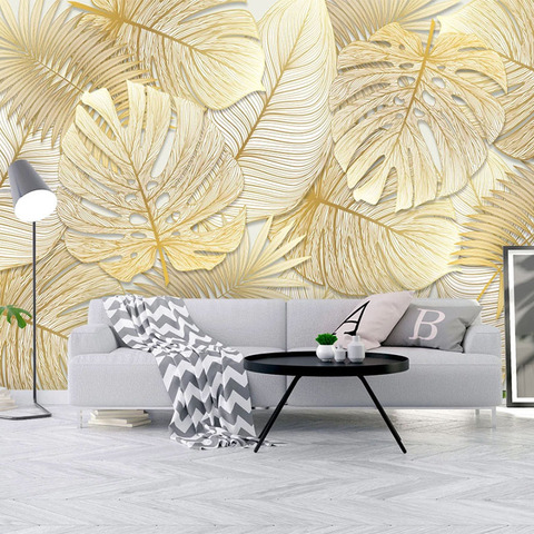 Papel tapiz Mural personalizado de cualquier tamaño, pintura 3D estéreo de hojas de plátano dorado, bosque de lluvia Tropical, papel tapiz de pared del dormitorio y sala de estar ► Foto 1/6