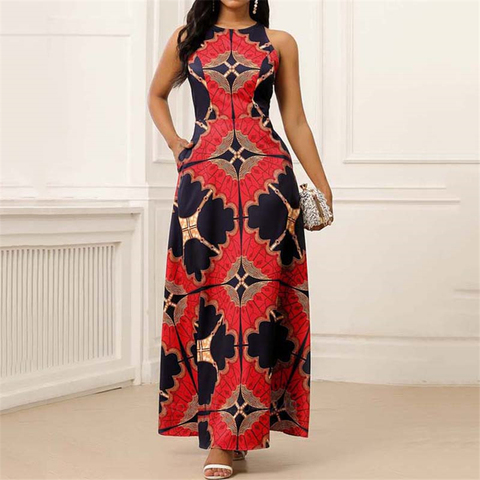 Africano ropa para las mujeres Dashiki con estampado Vestido ropa europea de talla grande Bazin rico sin mangas de moda cuello redondo Maxi Vestido ► Foto 1/6