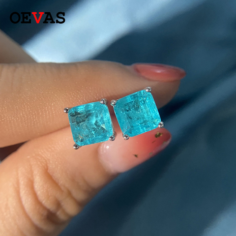 OEVAS Vintage 100% de Plata de Ley 925 Paraiba de piedras preciosas de turmalina piedra pendientes de botón pendientes damas joyería fina al por mayor ► Foto 1/6