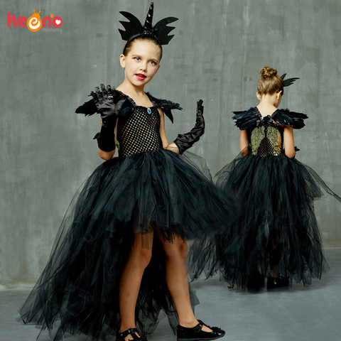 Negro Ángel oscuro niñas Tutu vestido con cuello en V de tren de chicas vestido de fiesta de noche elegante vestidos niños disfraz de bruja para Halloween ► Foto 1/6