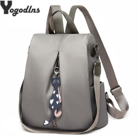 Mochila de nailon multiuso mochila grande de Color sólido para mujer mochila con colgante de gato para mujer mochila de hombro de viaje Simple paquete ► Foto 1/6